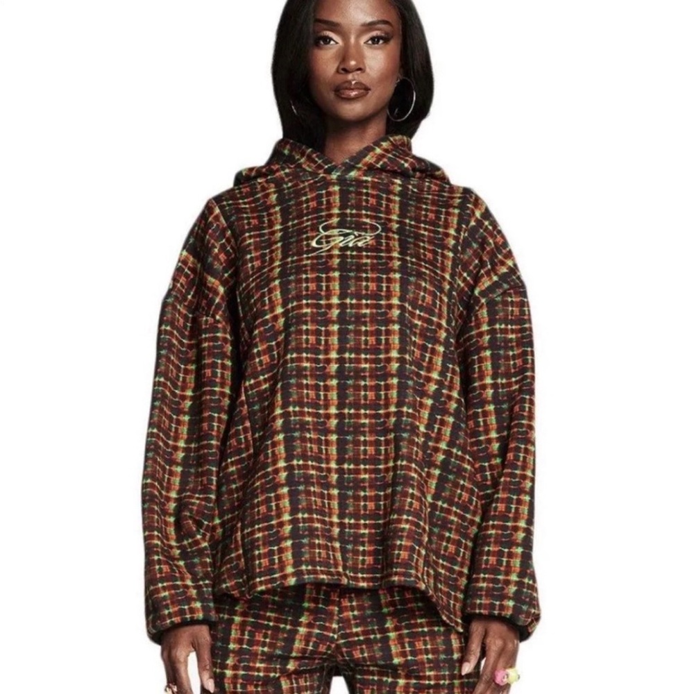 Plaid Hooded Sweatsuit Set in Brown Multi - IAGIA
